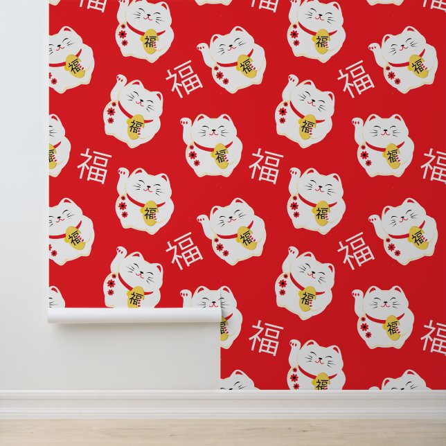 Maneki Neko Cute Lucky Cat Symbol on Red Wallpaper (Application)