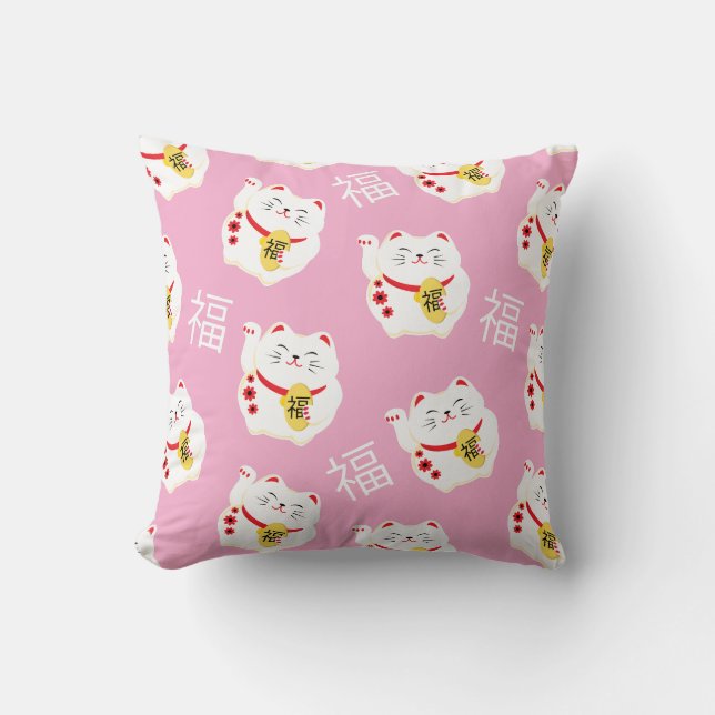 Maneki Neko Cute Lucky White Cat Cushion (Front)