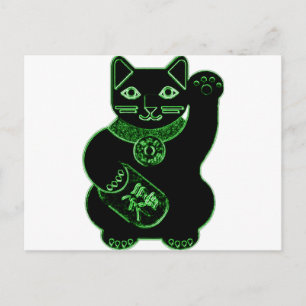 maneki neko green neon postcard