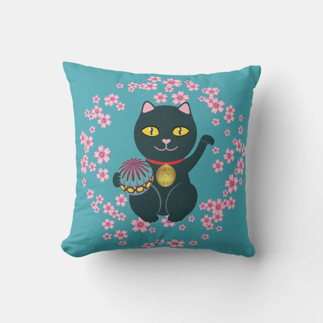 Maneki Neko Japanese Beckoning Lucky Black Cat Cushion (Front)