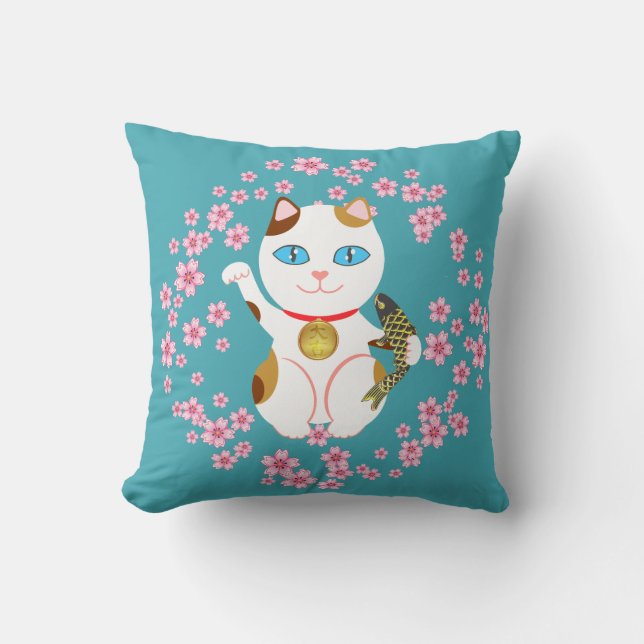 Maneki Neko Japanese Beckoning Lucky Calico Cat Cushion (Front)