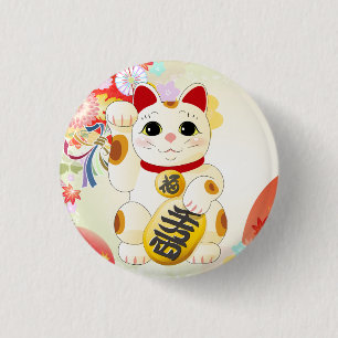 Maneki Neko Japanese Fortune Cat 3 Cm Round Badge