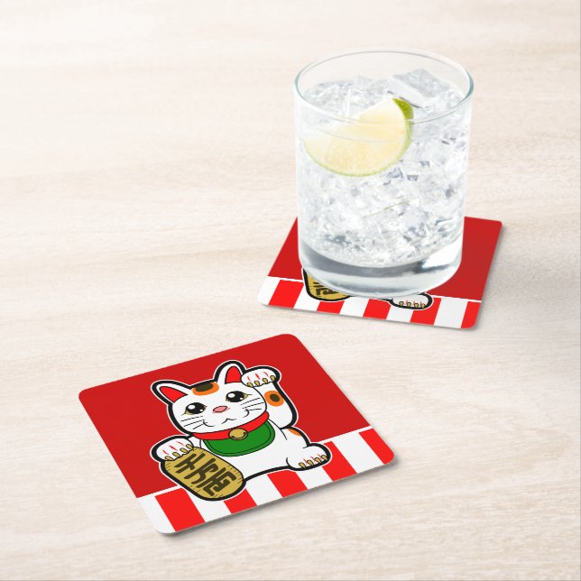 Maneki Neko: Japanese Lucky Cat Square Paper Coaster (Insitu)