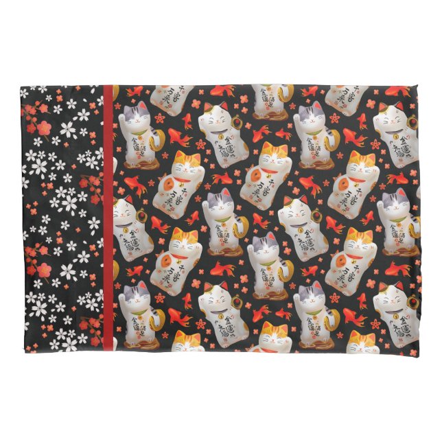 Maneki Neko Japanese Waving Lucky Cat with Koi Pillowcase (Front-Left)