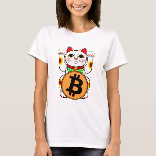Maneki Neko Lucky Cat Bitcoin Double Paw T-Shirt (Front)