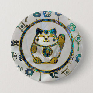 Maneki Neko Lucky cat on pearl and abalone 7.5 Cm Round Badge