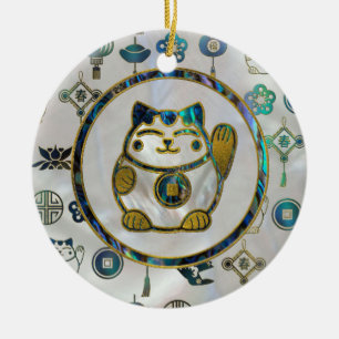 Maneki Neko Lucky cat on  pearl and abalone Ceramic Tree Decoration