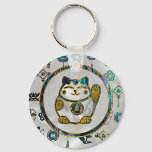 Maneki Neko Lucky cat on pearl and abalone Key Ring