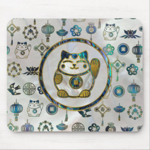 Maneki Neko Lucky cat on pearl and abalone Mouse Pad