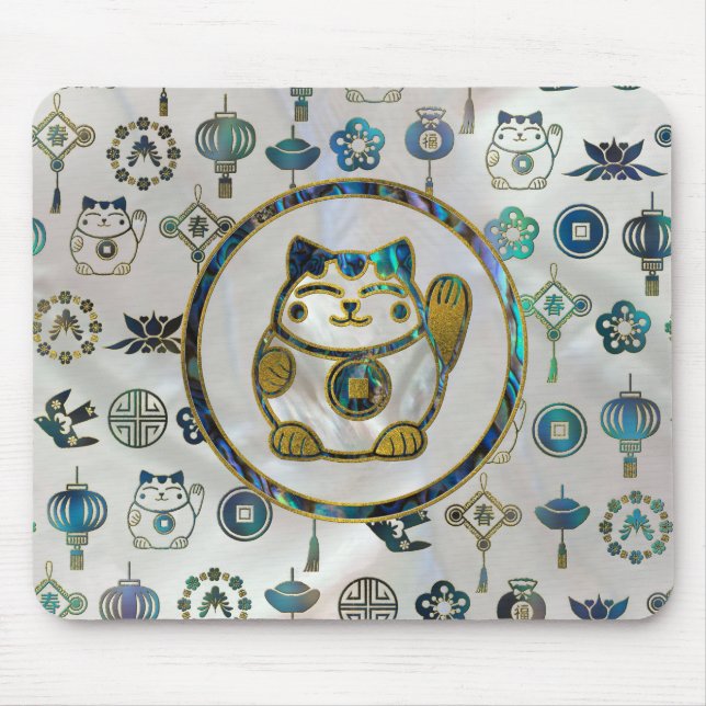 Maneki Neko Lucky cat on  pearl and abalone Mouse Pad (Front)