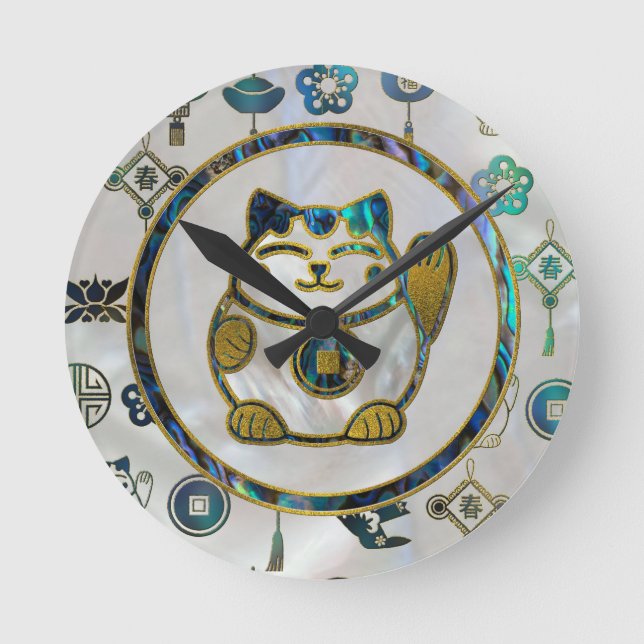Maneki Neko Lucky cat on  pearl and abalone Round Clock (Front)