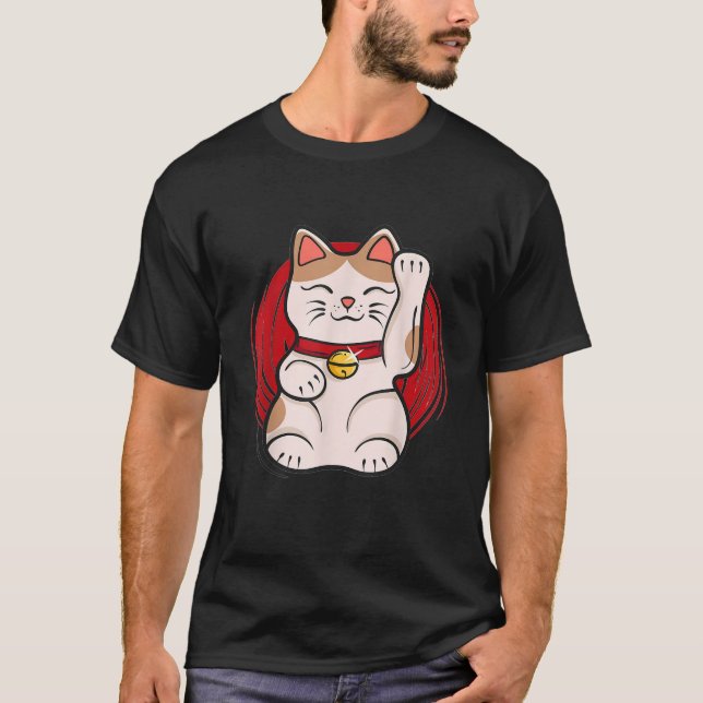 Maneki Neko Lucky Cat Statue Waving Japanese Style T-Shirt (Front)