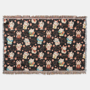 Maneki Neko Lucky Cats Pattern Throw Blanket