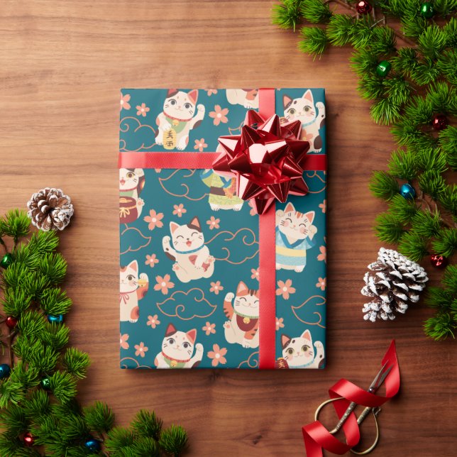 Maneki Neko Lucky Cats Pattern Wrapping Paper (Holiday Gift)