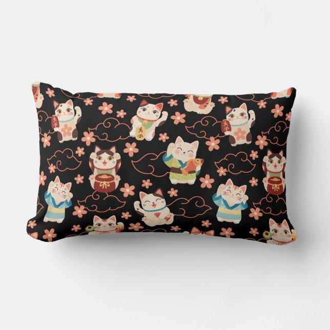 Maneki Neko Lucky Cats Throw Pillow (Front)