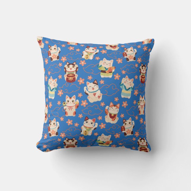 Maneki Neko Lucky Cats Throw Pillow (Front)