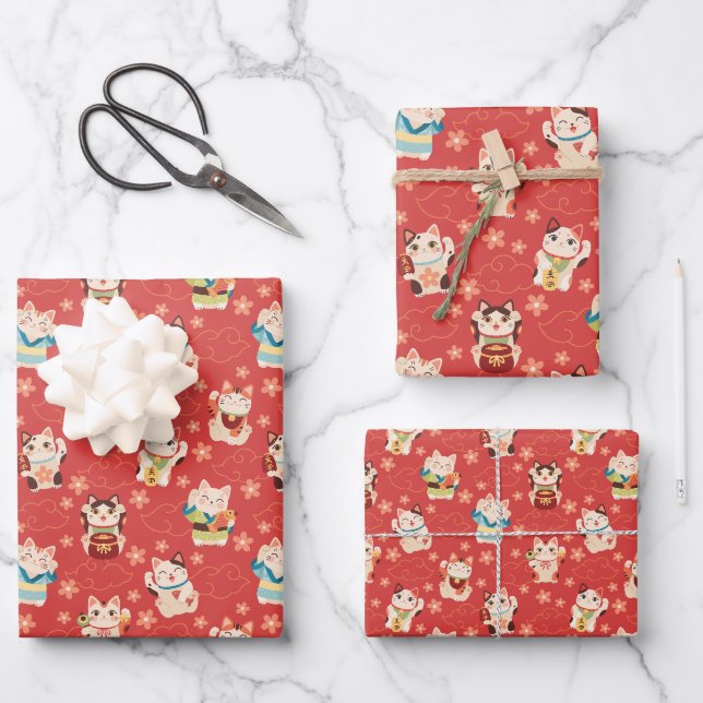 Maneki Neko Lucky Cats Wrapping Paper Set (Front)