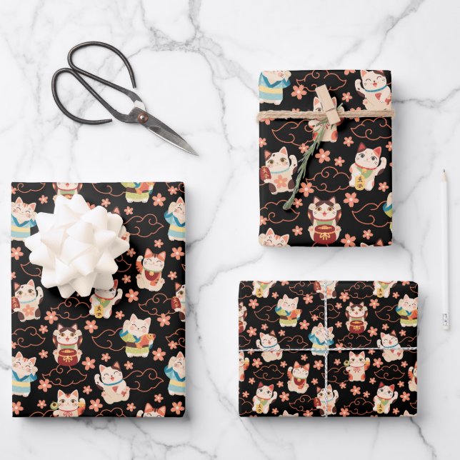 Maneki Neko Lucky Cats Wrapping Paper Set (Front)