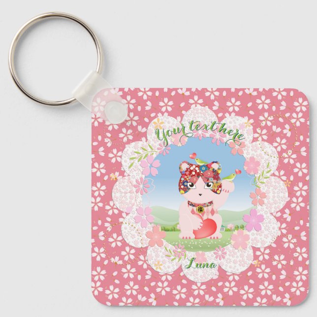 Maneki Neko Lucky Luna Square Key Ring (Front)