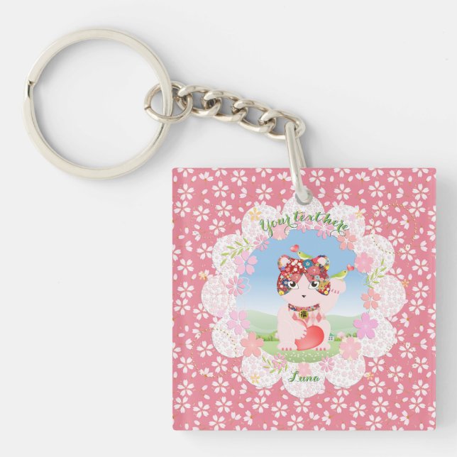 Maneki Neko Lucky Luna Square Key Ring (Front)