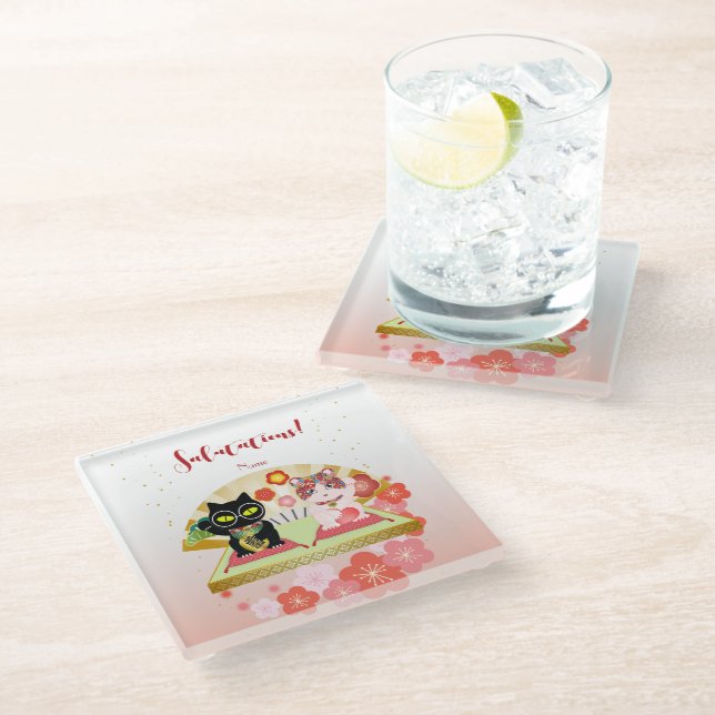 Maneki Neko Lucky Poiluna Glass Coaster (Angled)