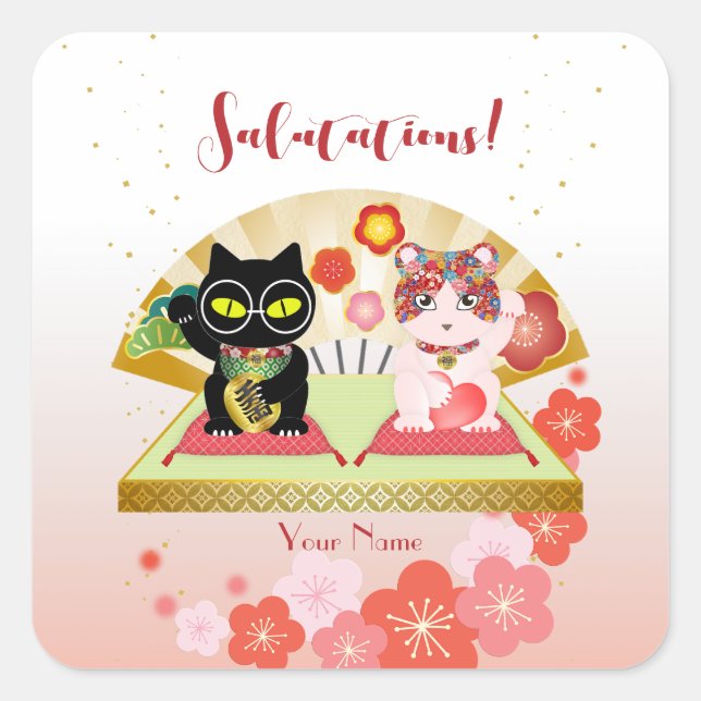 Maneki Neko Lucky Poiluna Square Sticker (Front)