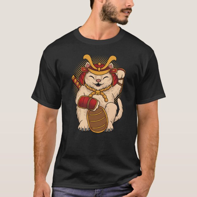 Maneki Neko Samurai Japan Lucky Cat Lucky Money ON T-Shirt (Front)