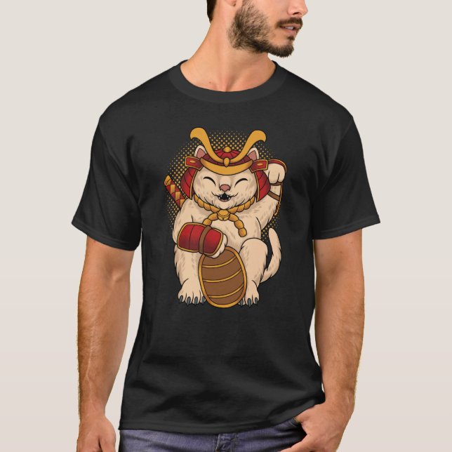 Maneki Neko Samurai Japanese Lucky Cat Lucky Money T-Shirt (Front)