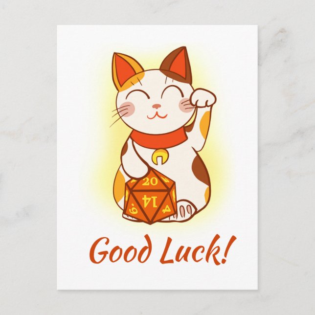 Maneki Neko With D20 RPG Dice Good Luck Postcard (Front)