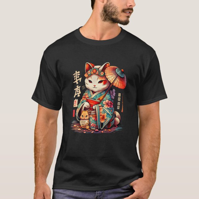 Manekineko Geisha Higasa Geisha Umbrella Yukata Ki T-Shirt (Front)