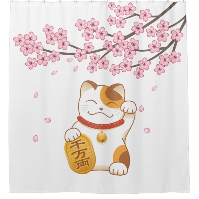 Manekineko Japanese Lucky Cat Cherry Blossom Shower Curtain (Front)
