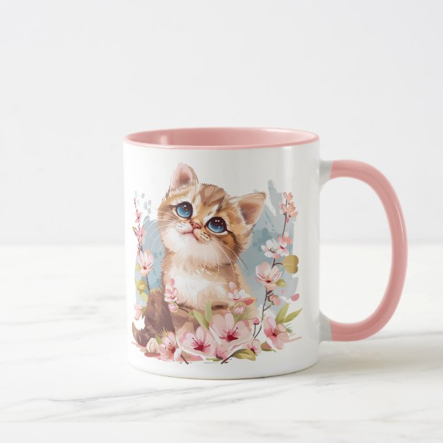 Manga Cute Kitten & Sakura Flowers Cat Mum Gift Mug (Right)