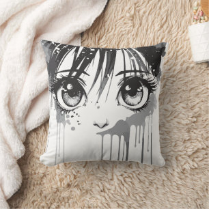 Manga Girl with Paint-Drenched Gaze Cushion