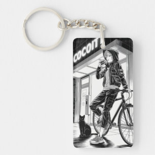 Manga Monochrome Illustration - Cyberpunk Girl Key Ring