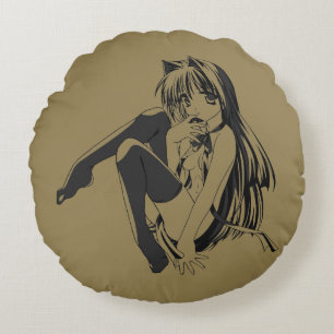 Manga, Neko Catgirl Furry Kawaii Loli Round Cushion