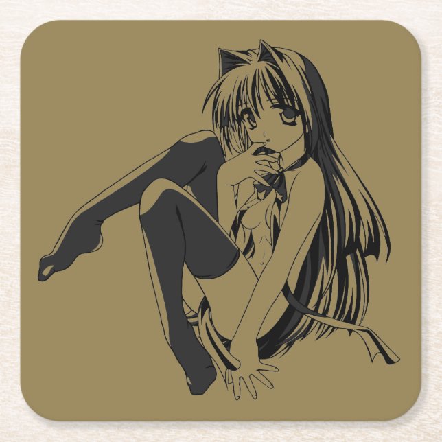 Manga, Neko Catgirl Furry Kawaii Loli  Square Paper Coaster (Front)