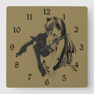 Manga, Neko Catgirl Furry Kawaii Loli  Square Wall Clock