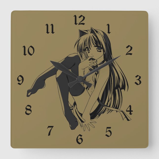 Manga, Neko Catgirl Furry Kawaii Loli  Square Wall Clock (Front)