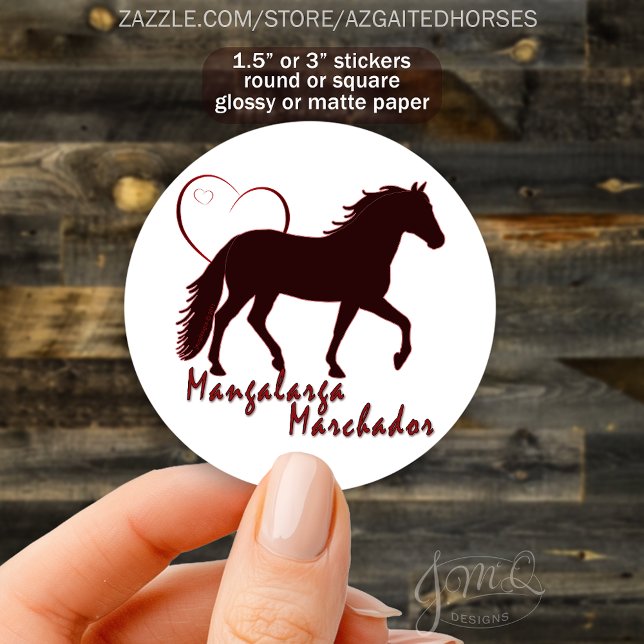 Mangalarga Marchador Horse Silhouette Heart Classic Round Sticker (Round sticker with Mangalarga Marchador horse silhouette, heart outline, text “Mangalarga Marchador")
