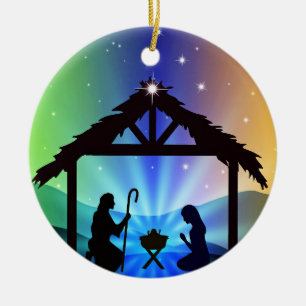 Manger Scene with Joseph and Mary Ceramic Ornament