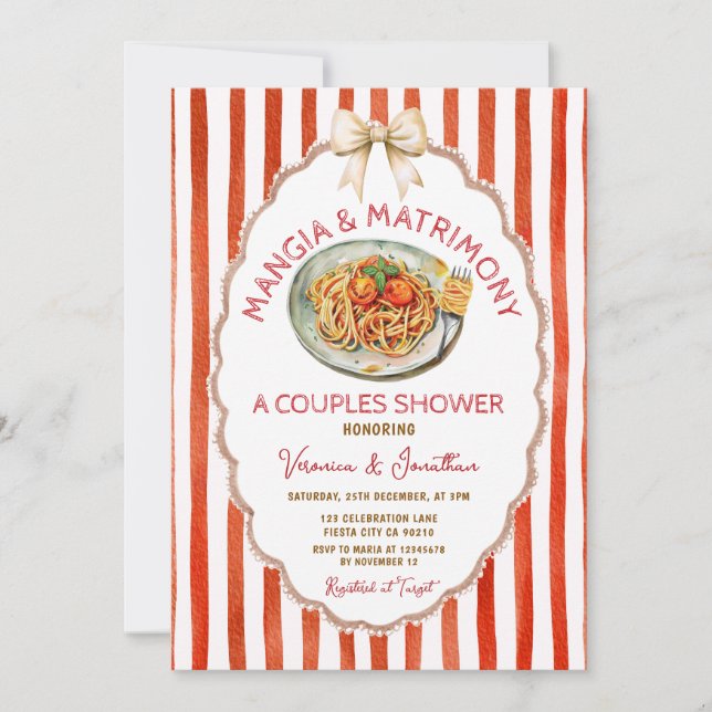 Mangia and Matrimony Italian Pasta Couples Shower Invitation (Front)