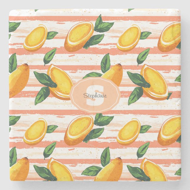 Mango Fruit Pattern with Green Leaves Stone Coaster (Front)