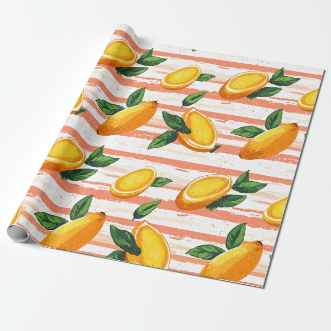 Mango Fruit Pattern with Green Leaves Wrapping Paper (Unrolled)