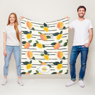 Mango Fruit Print Coral Yellow on Striped Ivory Fleece Blanket