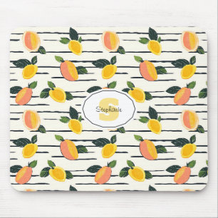 Mango Fruit Print Coral Yellow on Striped Ivory Mouse Pad