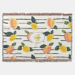 Mango Fruit Print Coral Yellow on Striped Ivory Throw Blanket