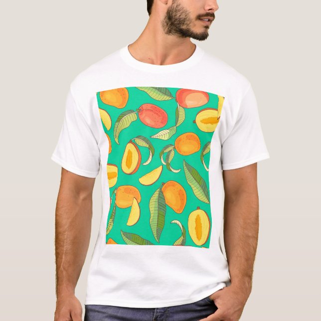 Mango Medley: Tropical Fruit Pattern T-Shirt (Front)