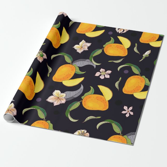 Mango. Seamless pattern with yellow and red tropic Wrapping Paper (Unrolled)