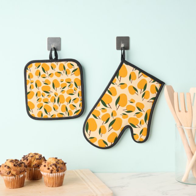 Mango Summer Fruit Pattern Oven Mitt & Pot Holder Set (Insitu(Hanging))