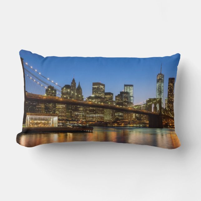 Manhattan and Brooklyn Bridge at dusk Lumbar Cushion (Front)